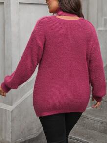 SHEIN Clasi Plus Size Keyhole Neck Solid Color Long Sleeve Sweater Knit Pullover Fall Winter - Burgundy - View 2