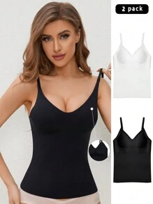 Women Basic Bodycon Tank Tops With Built-In Bra Padded Camisole 2 Packs, Workout - Multicolor - View 1