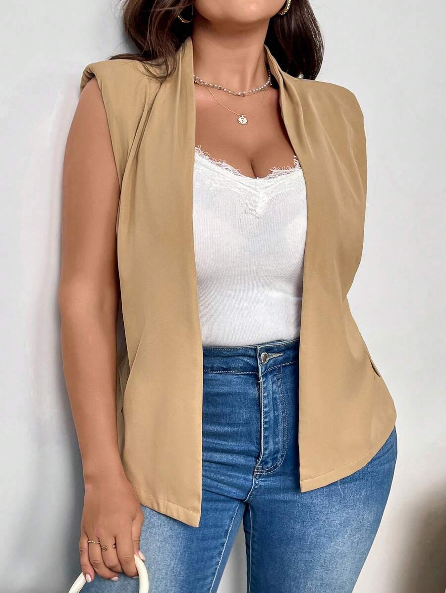 SHEIN Privé Plus Size Women Apricot Color Tie Front Suit Vest, New Arrival Fall - Khaki - View 1