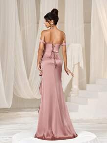 Elisanya Off Shoulder Ruched Front Ruffle Trim Formal Party Dress Elegant Prom Evening Wedding Guest Dress, For Graduation, Dinner