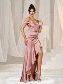 Elisanya Off Shoulder Ruched Front Ruffle Trim Formal Party Dress Elegant Prom Evening Wedding Guest Dress, For Graduation, Dinner