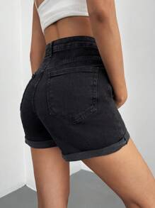 EURMUSE Ripped Roll Up Hem Denim Shorts - Black - View 2