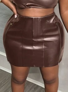 Slaydiva New Sexy Mini Metal Zipper Slit Faux Leather Stretchy Plus Size Women Skirt - Brown - View 6