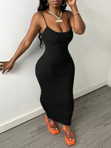 Slaydiva Vestido Casual de Rua Sexy Básico Cinza Canelado com Alças Finas para Mulheres - Preto - Visão 5