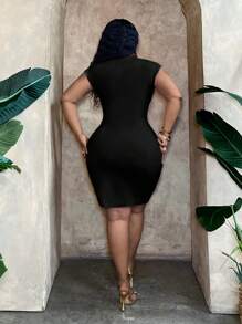 Slaydiva Plus Size Elegant & Party & Date Bodycon Solid Dress With Front Twist And Ruffle Detail Dress, Spring-Summer-F' - Black - View 3