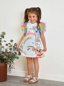 SHEIN Young Girl Cartoon Graphic Contrast Mesh Ruffle Trim Dress - Multicolor - View 1