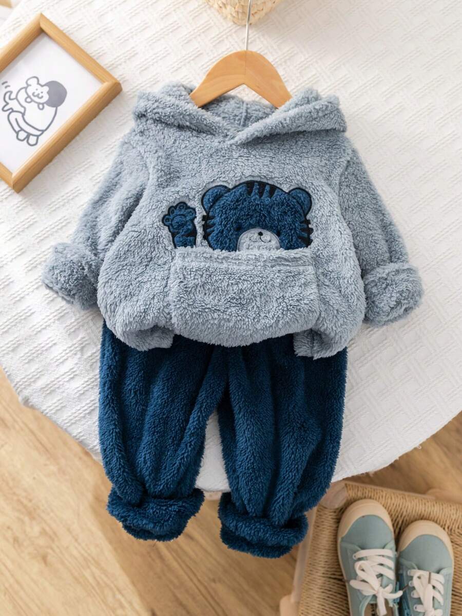 SHEIN 2 pièces/Ensemble Pull épais en polaire et pantalon, style preppy pour garçons enfants - Bleu azur - Voir 1