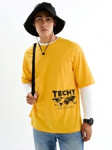 Manfinity VCAY Camiseta de manga corta casual y suelta con estampado de mapa para hombres - Amarillo - Ver 2
