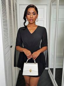 Zolique فستان ضيق بياقة على شكل حرف V أكمام منقسمة لون أحادي للنساء في الربيع والخريف