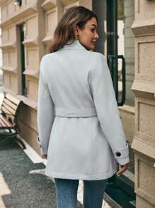 SHEIN Clasi Women's Solid Color Waistband, Button Front, Dual Pockets, Long Sleeve Knitted Coat - Light Grey - View 2