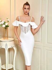 ADYCE Exaggerated Ruffle Trim Strap Sheer Mesh Lace Backless Bodycon Bandage Dress