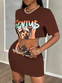Slaydiva Bộ 2 món phong cách đường phố thường ngày, in họa tiết, gồm áo crop top tay ngắn và chân váy mini dành cho nữ. - Cà phê nâu - Xem 6