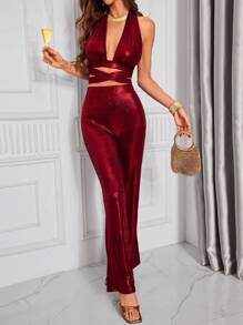 Zolique 2pcs Set Of Sexy Solid Color Backless Halter Neck Top And Pants, Summer - Burgundy - View 1