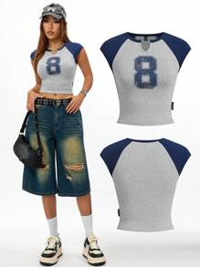 SHEIN EZwear Women's Spring/Summer Streetwear Sport Color-Blocked Number Pattern T-Shirt T Shirt - Grey - View 1