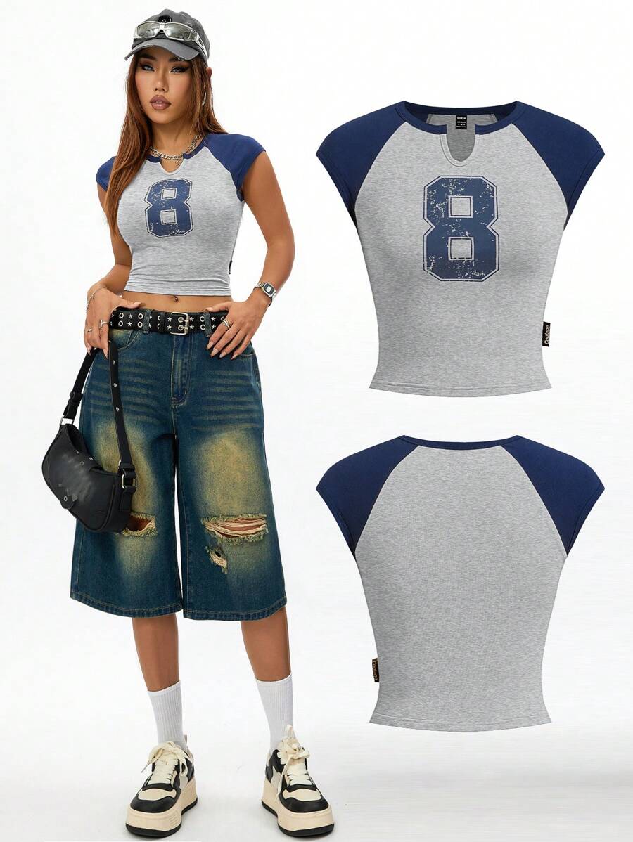 SHEIN EZwear Women's Spring/Summer Streetwear Sport Color-Blocked Number Pattern T-Shirt T Shirt - Grey - View 1