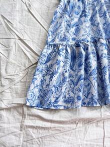 Soleia Women's Backless White And Blue Floral Splice Ruffle Hem Mini Dress,Vacation Holiday Holiday,Renaissance Cottage Core Dresses No Chest Padding - Blue and White - View 5