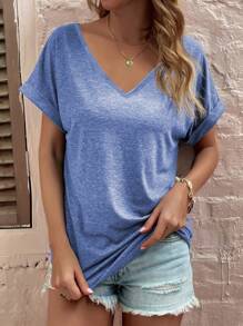 SHEIN LUNE V-Ausschnitt einfarbiges lässiges Kurzarm T-Shirt, Sommer