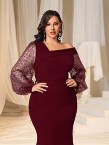Faeriesty Curve Elegant Plus-Size Off-The-Shoulder Formal Evening Dress With Dramatic Lantern Sleeves And Flattering Mermaid Silhouette For Sophisticated Black-Tie Galas, Formal Weddings, Charity Balls, Corporate Award Dinners, And High-End Social Club Events. - Burgundy - View 7