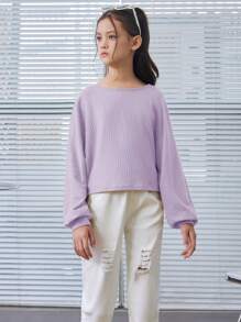 SHEIN Leap Crew Tween Girl Ribbed Loose Retro Cropped Long Sleeve T-Shirt - Mauve Purple - View 5