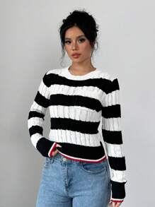 Chiquease Damen Lässig Farbblock Streifen Strickpullover, Frühling/Herbst, Strickpullover Herbst Winter - Schwarz und Weiss - Übersicht 3