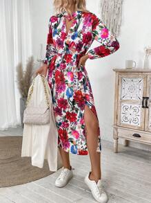 SHEIN Clasi Floral Print V-Neck Fit-And-Flare Midi Dress For Women - Multicolor - View 5