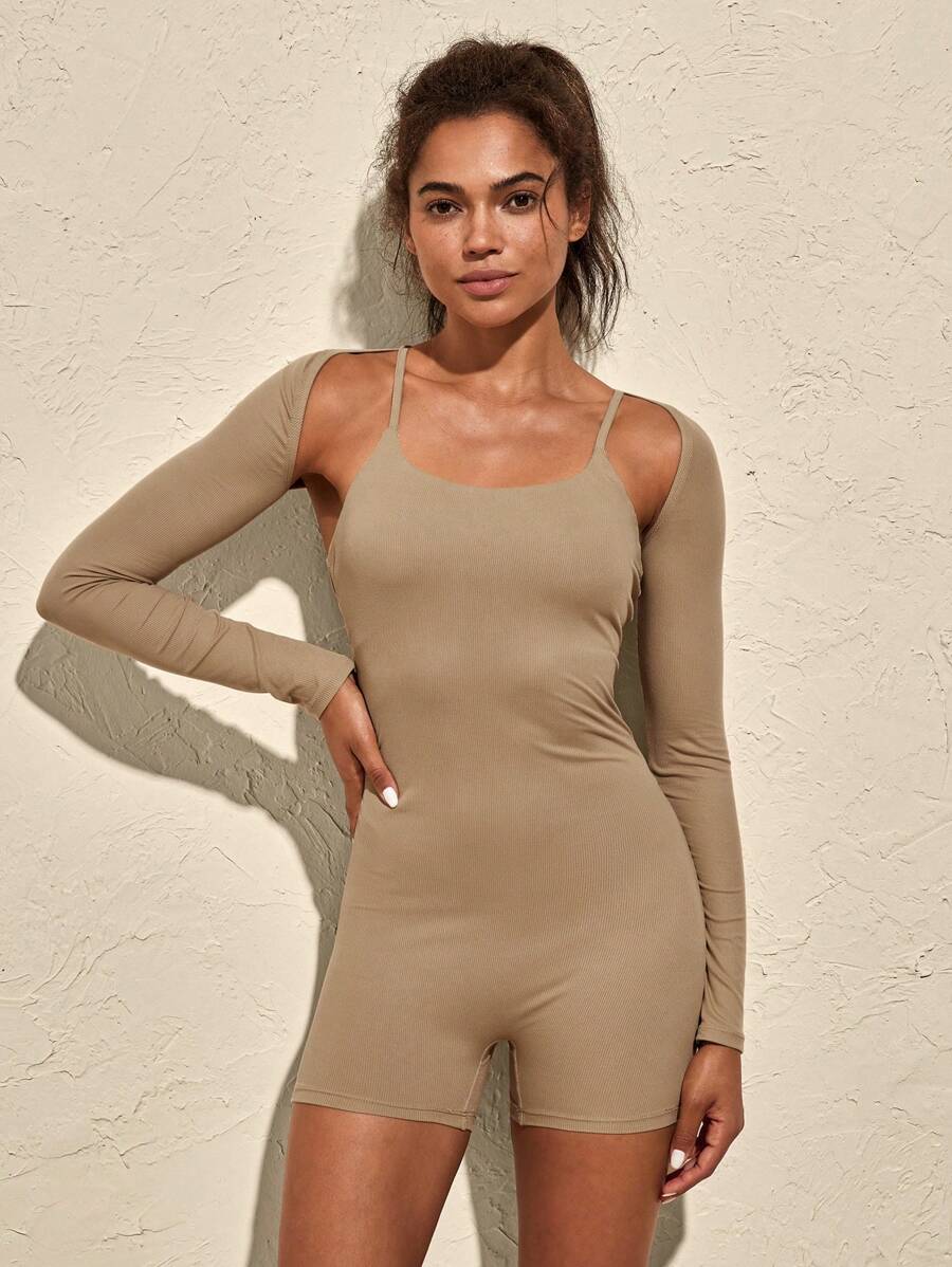 VARSIVA Solid Color Spaghetti Strap Long Sleeve Women Sports Jumpsuit - Coffee Brown - View 1