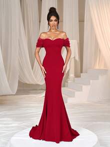 Faeriesty Elegant Off-Shoulder Long Wedding Dress With Ruffle Short Sleeves, Made Of Slightly Stretchy Knit Fabric, Suitable For Formal Parties - Red - View 4