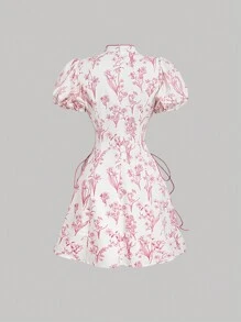 SHEIN MOD Đầm ngắn tay bồng phong cách Trung Hoa họa tiết hoa cho nữ, Đầm công sở, Đầm định hình - Hồng - Xem 2