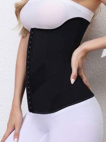 Solid Color Front Button Waist Trainer - Black - View 2