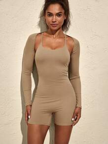 VARSIVA Solid Color Spaghetti Strap Long Sleeve Women Sports Jumpsuit - Coffee Brown - View 6