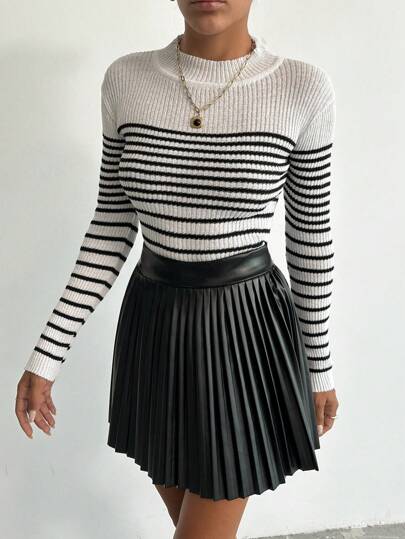 RueChic Women's Contrast Stripe Stand Collar Sweater