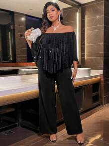 Plus Size One-Piece Jumpsuit With Off Shoulder, Chic And Elegant For Early Autumn - Black - View 3