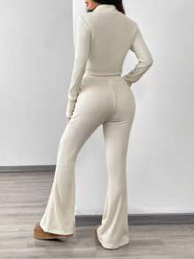 SHEIN EZwear Damen gestrickter Freizeitanzug in Aprikotfarbe, zweiStücke Outfit-Set für den Herbst - Aprikosenfarben - Übersicht 2