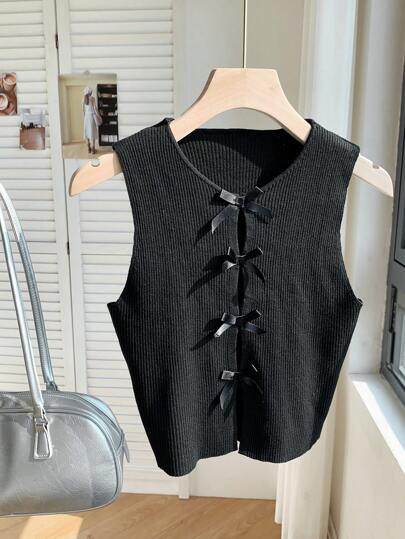 Comfortcana Women's Crew Neck Sleeveless Bow Tie Hollow Out Knit Casual Blouse , Black Vest,Tops For School