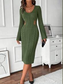 SHEIN Clasi Casual Solid Color Hollow-Out Bell Sleeve Sweater Dress, Fall/Spring - Green - View 5