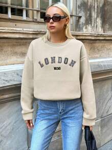 EURMUSE Letter Graphic Drop Shoulder Sweatshirt - Beige - View 4