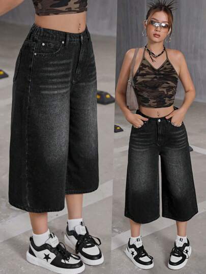 SHEIN Teen Girls Y2K Style Loose Fit Black Bermuda Denim Jeans, Back To School Cute Clothes Outfits, Autumn