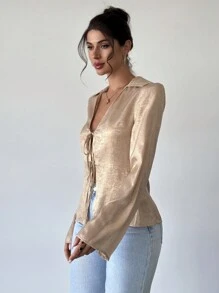 Firerie 女士金属面料领口长袖前系带衬衫 - 金色 - 查看 5