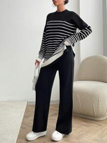 EURMUSE Women Irregular Stripe Pattern Round Neck Drop Shoulder Pullover & Sweater Pants Set - Black and White - View 5