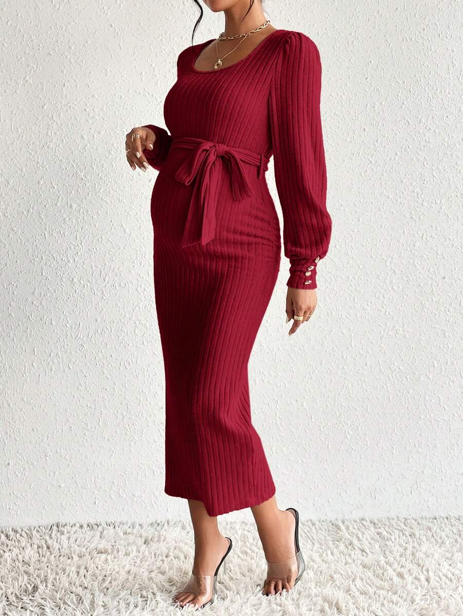 SHEIN 孕妇纯色圆领罗纹长袖中长连衣裙（腰带） - 酒紅色 - 查看 1