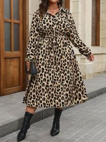SHEIN LUNE Plus Size Women Leopard Print Long Sleeve Dress - Coffee Brown - View 6
