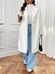 CovetEZ Plus Size Faux Lapel Collar Coat In Beige - Beige - View 6