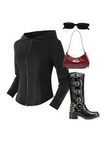 SHEIN Halloween-tröja med huvtryck för tonåringar, moderiktig och bekväm att matcha axelväska, ryggsäck, crossbody-väska, basebollkeps, basker, mössa, ankelstövlar, knäsängor, fritidsskor, Marin Janes, solglasögon, hörlurar - Svart - Visa 2