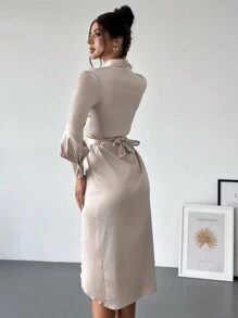SHEIN Privé Women's Elegant Commute Cocktail Dress With Lapel, Belt, Slit, Long Sleeve, Mid-Length Fall Cloth For Women - Apricot - View 2