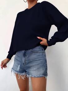 SHEIN Cottnline Women's Drop Shoulder Round Neck Sweater - Navy Blue - View 5