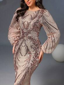 Faeriesty Elegantes Abendkleid für Damen mit elegantem rundem Ausschnitt, durchgehender funkelnder Pailletten-Stickerei, dramatischen Laternenärmeln, schmeichelhafter figurbetonter Silhouette und Meerjungfrau-Saum für Gala-Events, Jubiläumsbälle, Feierlichkeiten, formelle Abendessen und Abendgalas, Sommerurlaubs-Outfits, Hochzeitsfrühlingsfeste - Champagnerfarben - Übersicht 7