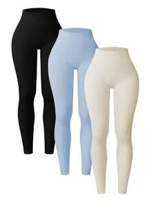 Easithlete 3入組綁帶針織瑜伽打底褲,無縫中等彈性控腹運動打底褲套裝 - 彩色 - 查看 1