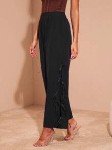 Glamine Fashionable Casual Plain Textured Woven Trousers With Bow Tie Decoration Loose Autumn Women's Trousers Fall Cloth For Women - Black - View 4