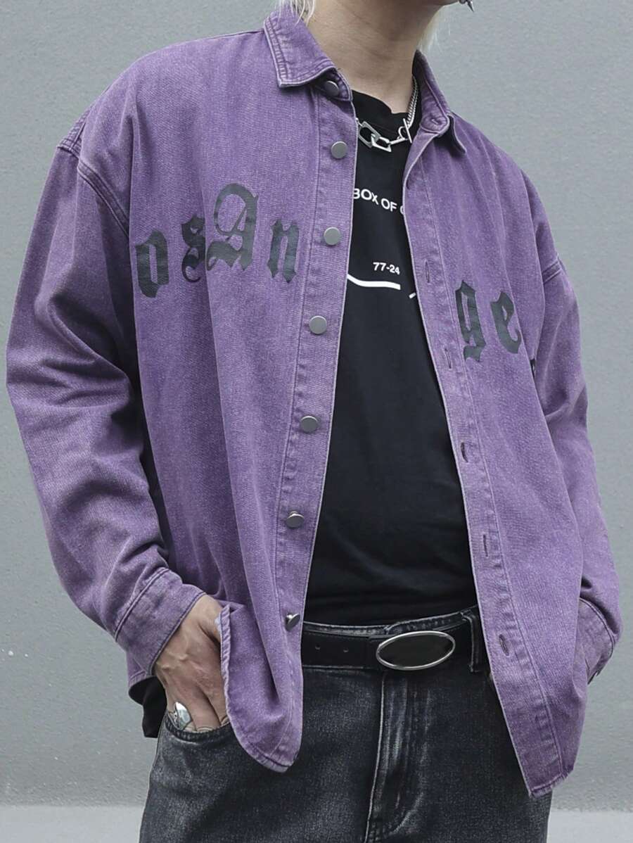 Manfinity Roghcode Men Button-Down Long-Sleeved Letter Print Denim Shirt - Purple - View 1