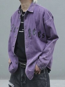 Manfinity Roghcode Men Button-Down Long-Sleeved Letter Print Denim Shirt - Purple - View 3